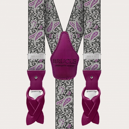 Double use suspenders in cashmere, black and purple pattern