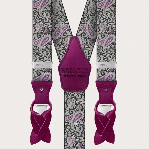 BRUCLE Double use suspenders in cashmere, black and purple pattern