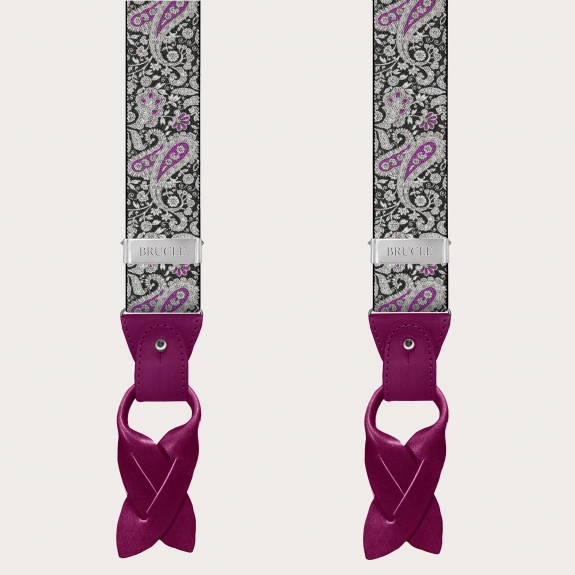 BRUCLE Double use suspenders in cashmere, black and purple pattern