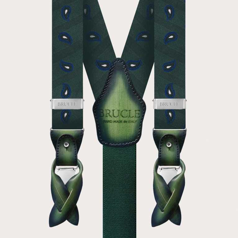 Raffinato set di bretelle verdi con motivo paisley e cravatta abbinata