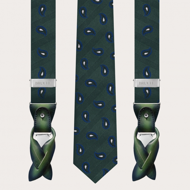 Feines Set aus grünen Paisley-Hosenträgern und passender Krawatte