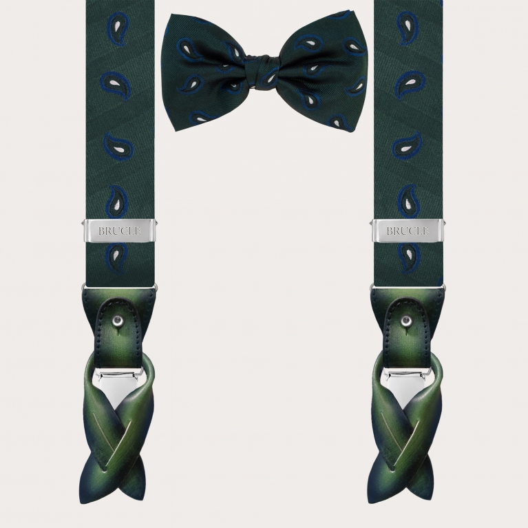 Raffinato set di bretelle verdi in seta con motivo paisley e papillon abbinato