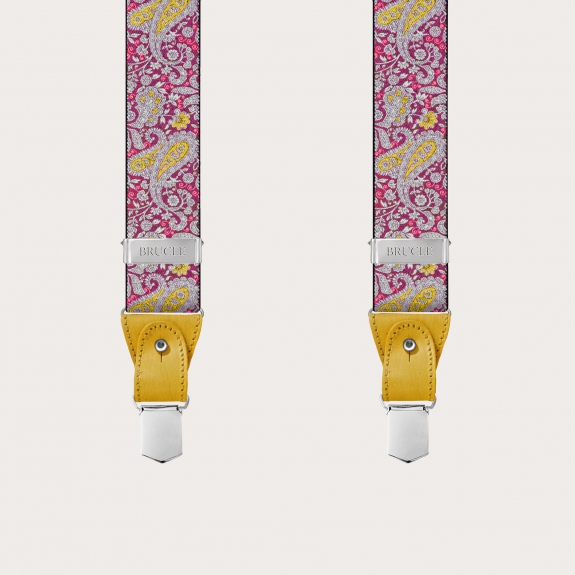 BRUCLE Bretelles double usage en motif cachemire magenta et jaune