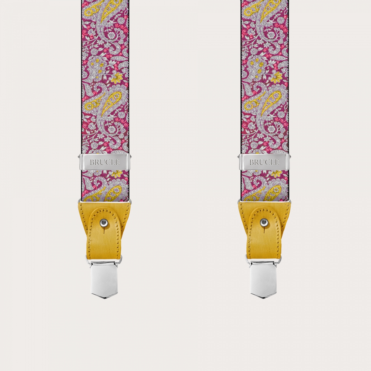 BRUCLE Tirantes doble uso cashmere estampado magenta y amarillo