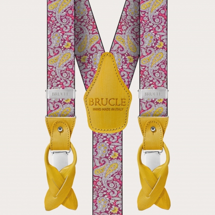 Double use suspenders in cashmere, magenta and yellow pattern