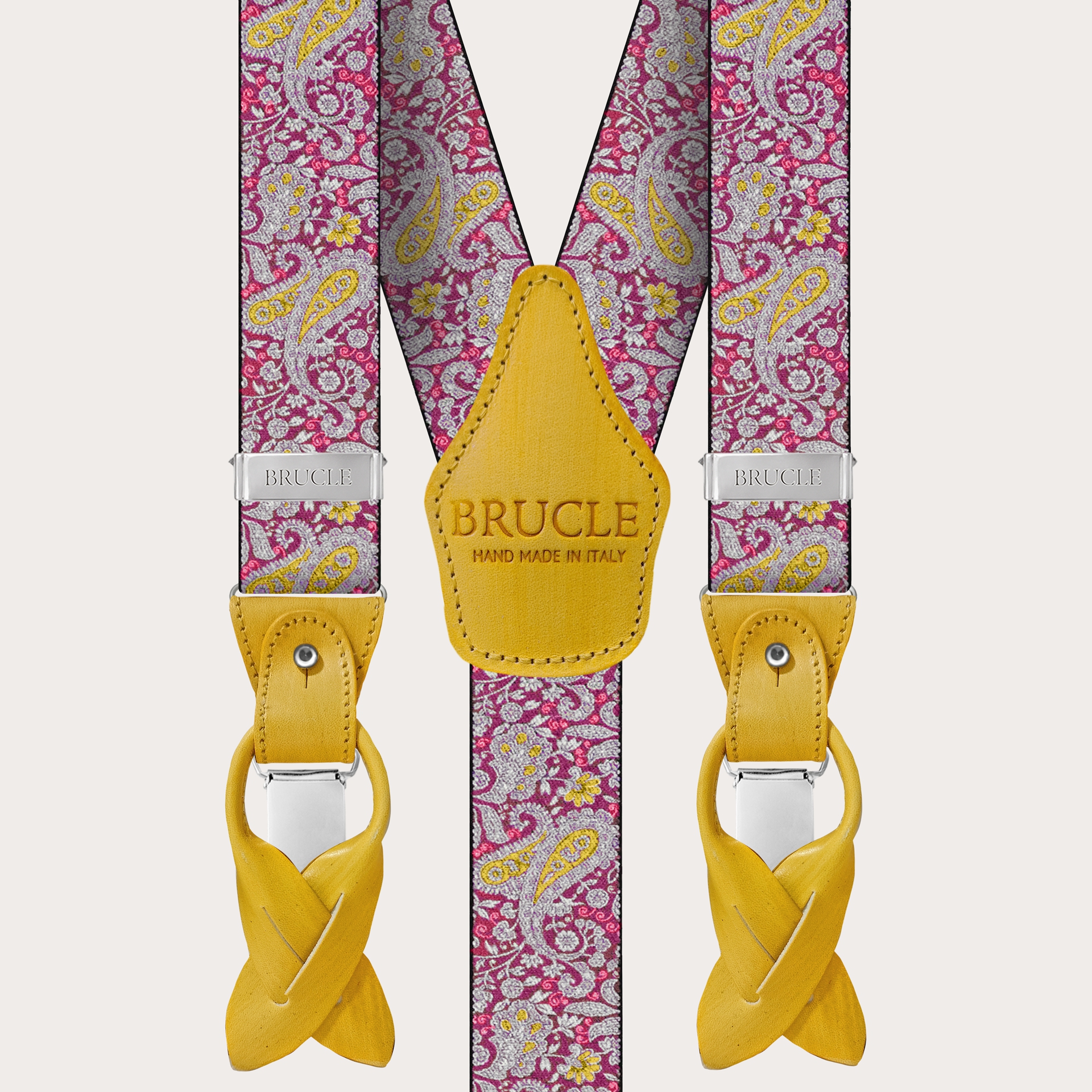 BRUCLE Bretelles double usage en motif cachemire magenta et jaune