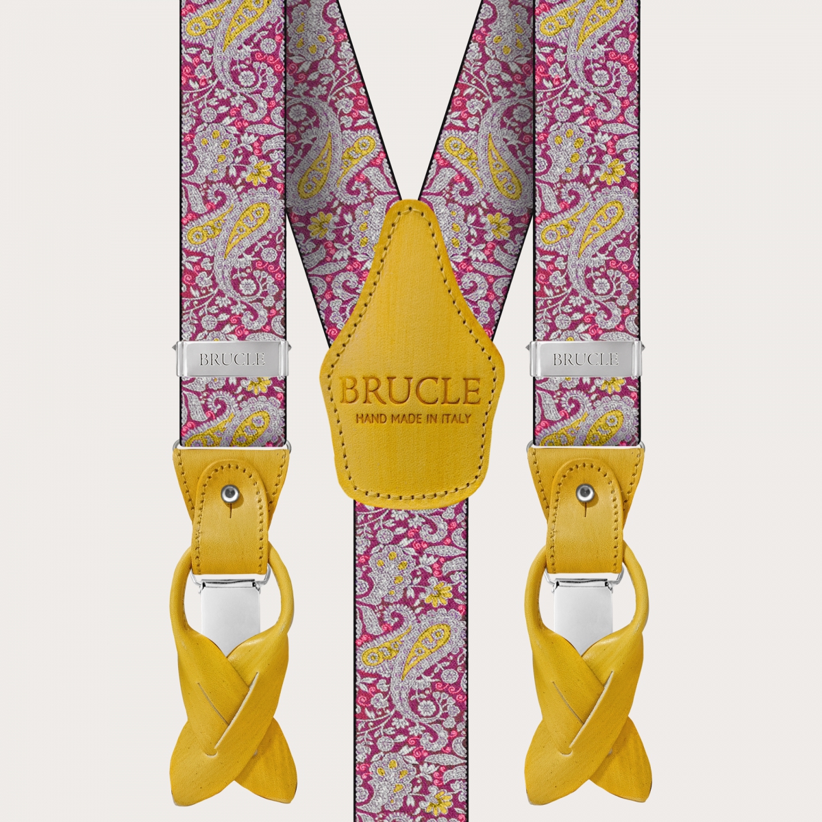 BRUCLE Double use suspenders in cashmere, magenta and yellow pattern