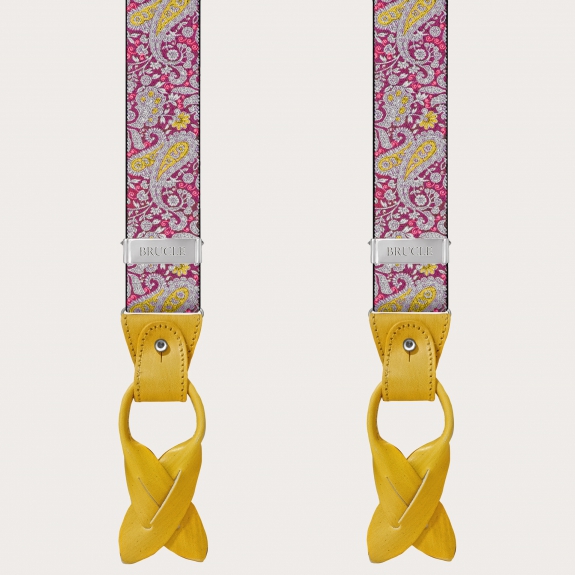 BRUCLE Bretelles double usage en motif cachemire magenta et jaune