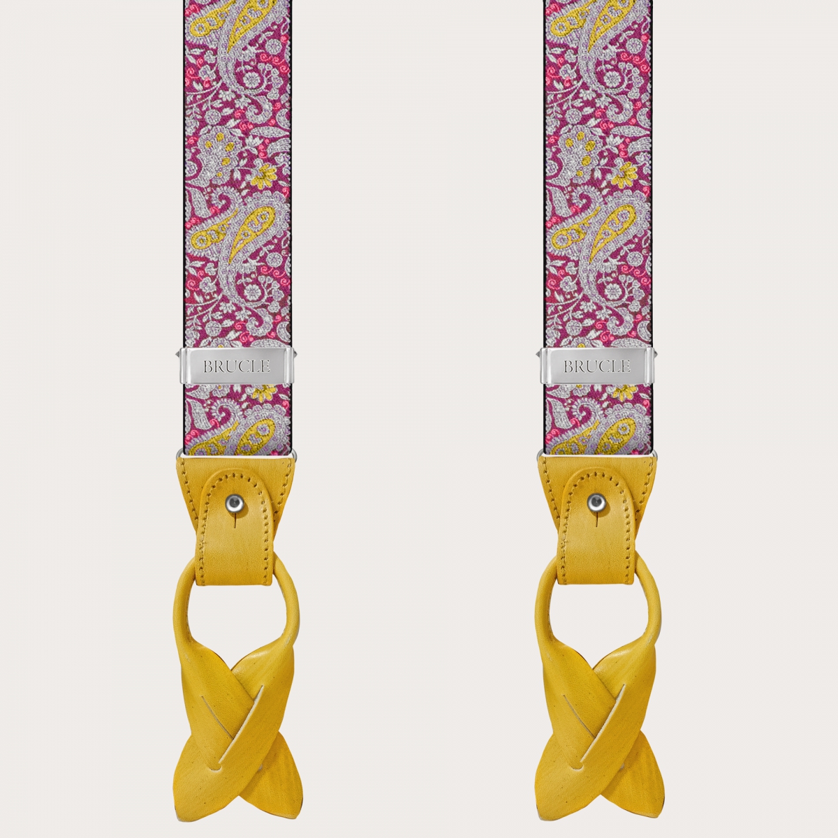 BRUCLE Double use suspenders in cashmere, magenta and yellow pattern