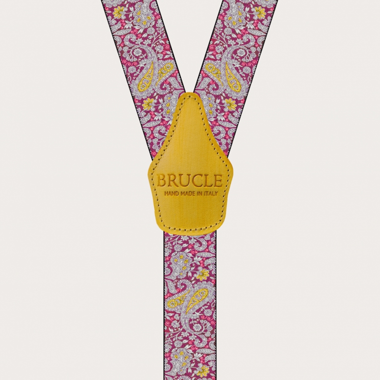 Double use suspenders in cashmere, magenta and yellow pattern