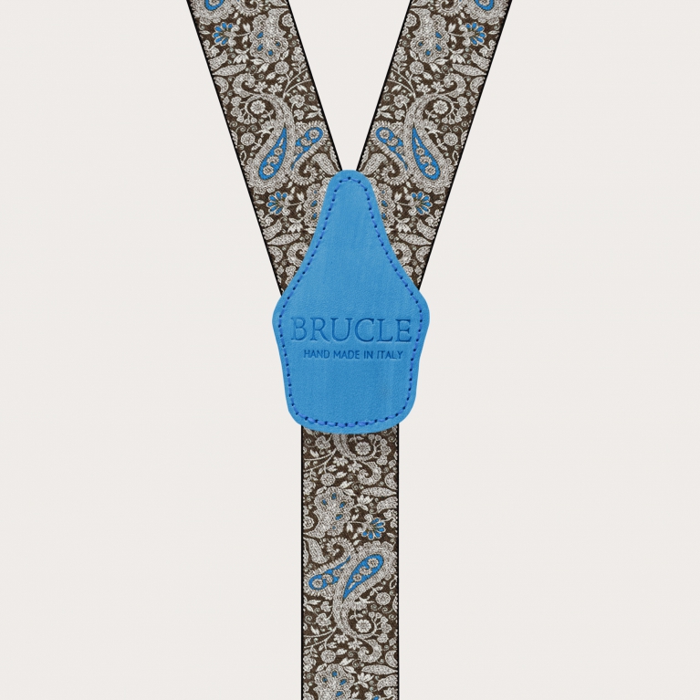 Double use suspenders in brown and blue paisley pattern