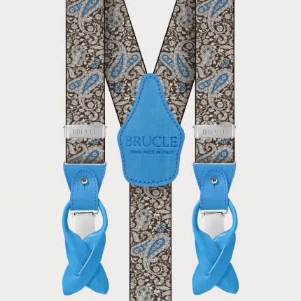 Double use suspenders in brown and blue paisley pattern
