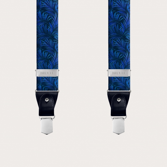 BRUCLE Bretelles élastiques double usage effet satiné, bleu avec feuilles de palmier