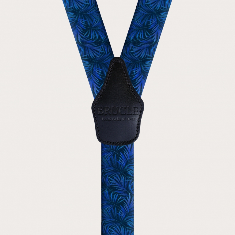 Satin-effect double-use elastic braces, blue with palm leaves