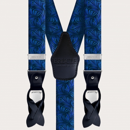 Satin-effect double-use elastic braces, blue with palm leaves