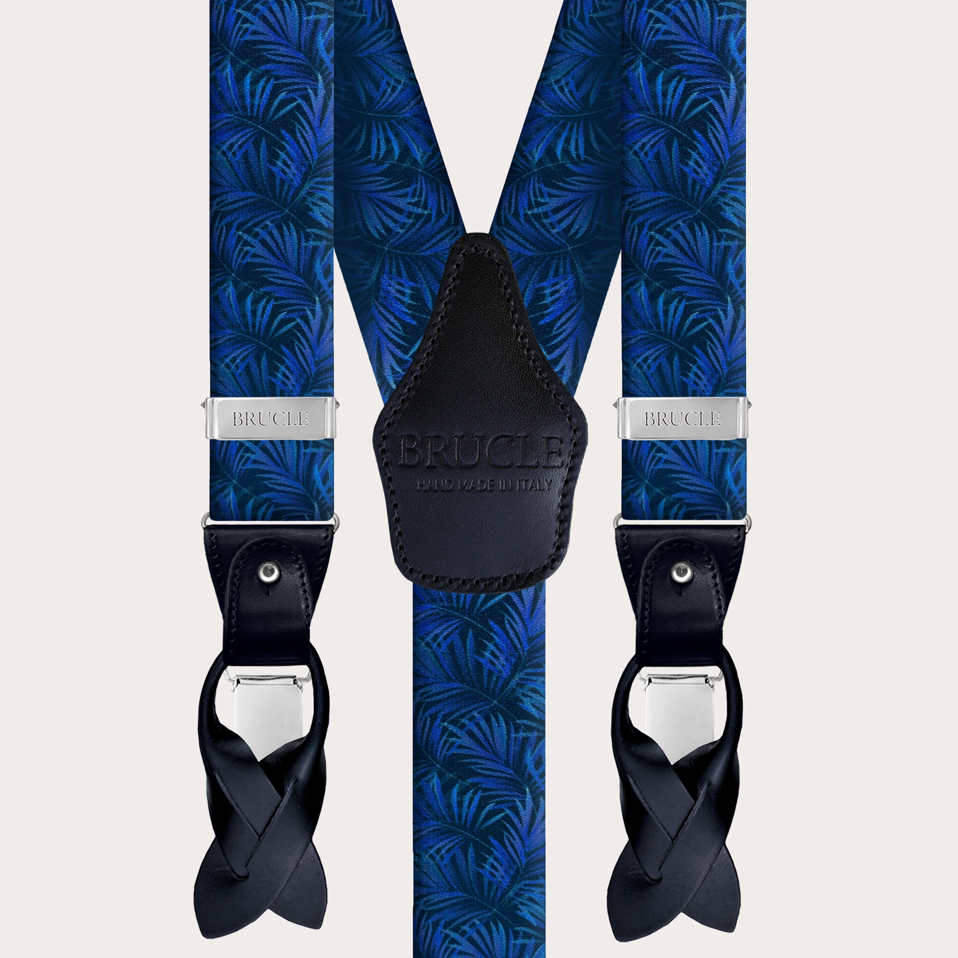 BRUCLE Bretelle elastiche doppio uso effetto raso, blu con foglie di palma