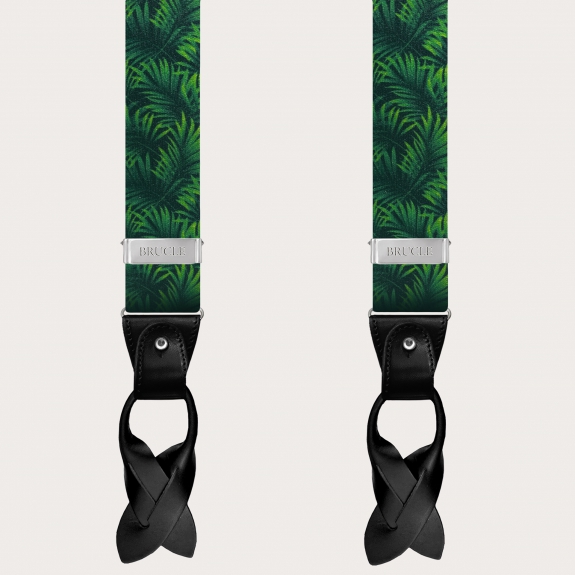 BRUCLE Elastische Hosenträger mit doppelter Verwendung in Satin-Optik, grün mit Palmblättern