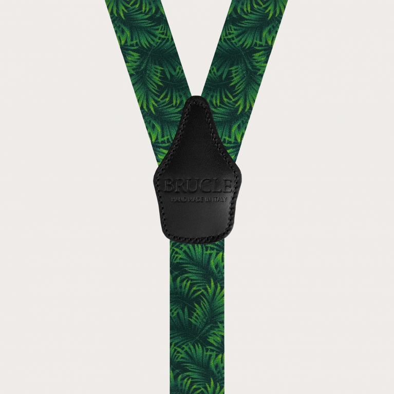 Satin effect double use elastic suspenders, green with palm leaves