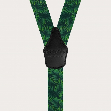Satin effect double use elastic suspenders, green with palm leaves