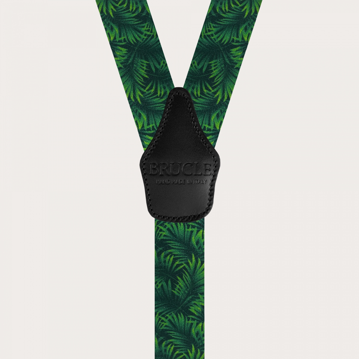 BRUCLE Satin effect double use elastic suspenders, green with palm leaves