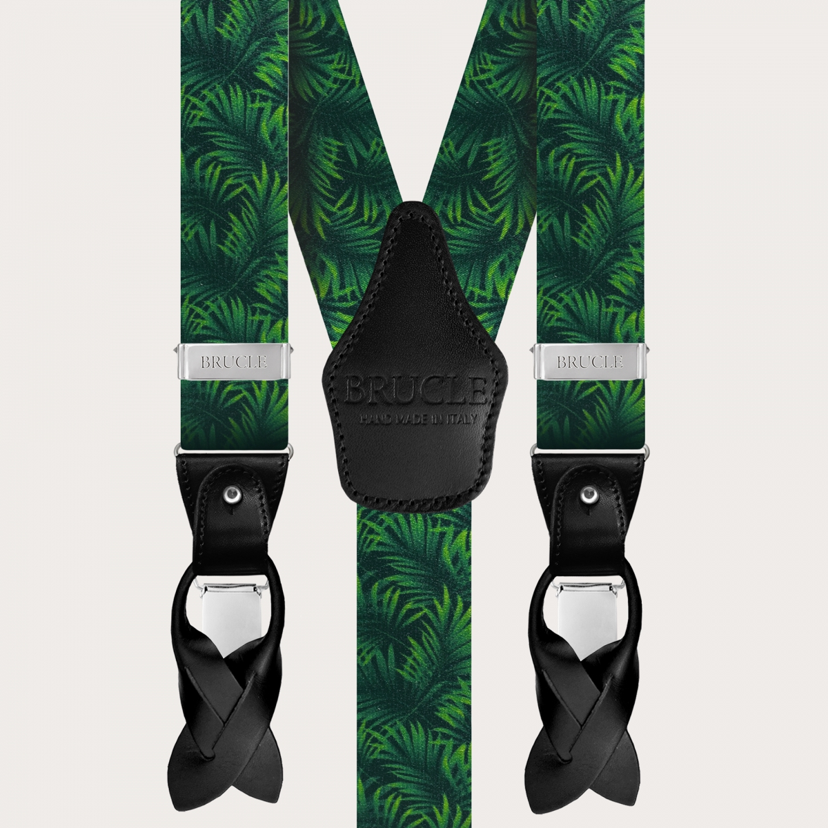 BRUCLE Satin effect double use elastic suspenders, green with palm leaves