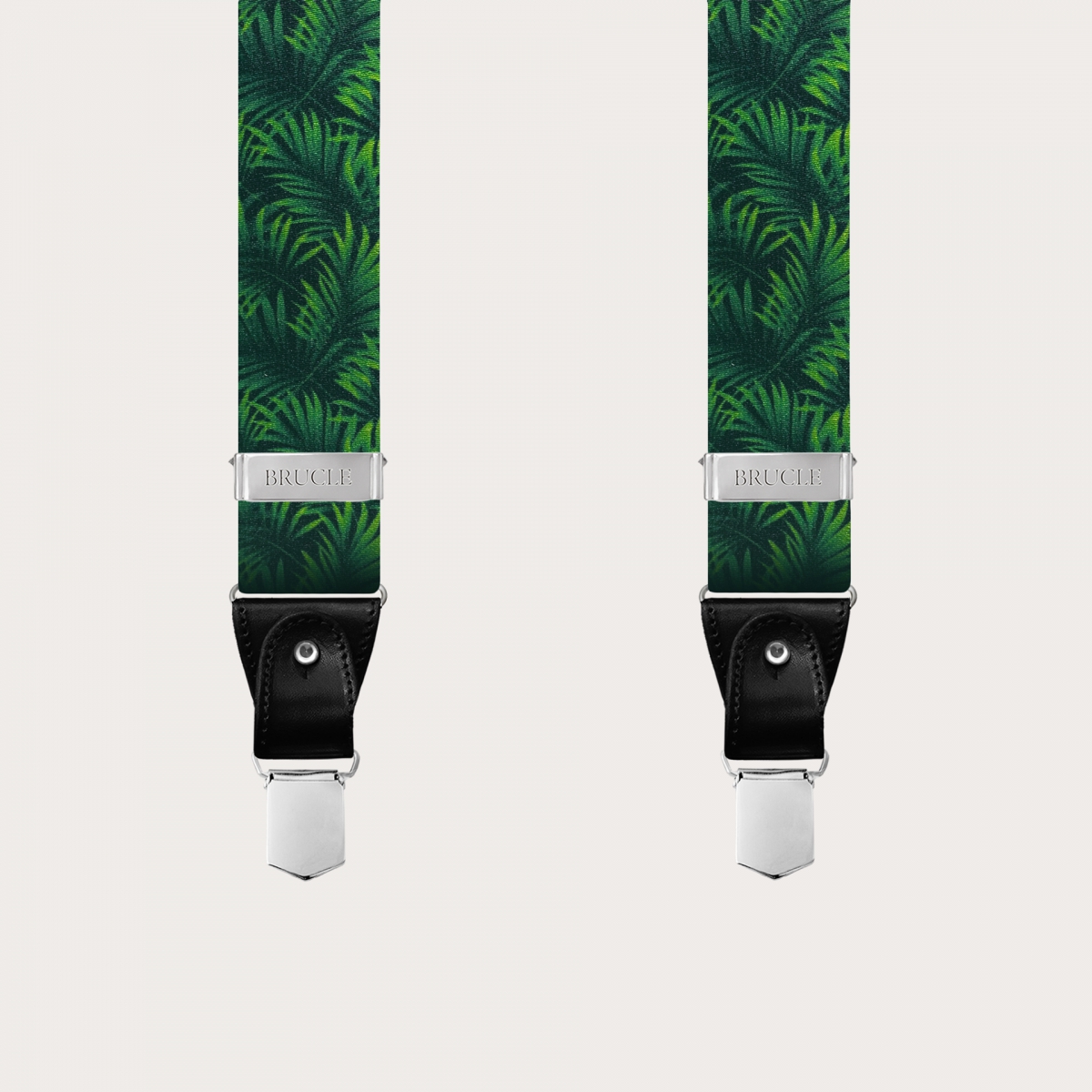 BRUCLE Satin effect double use elastic suspenders, green with palm leaves
