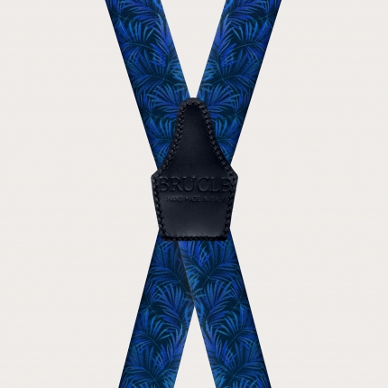 Bretelles élastiques en forme de X effet satin, bleu avec feuilles de palmier