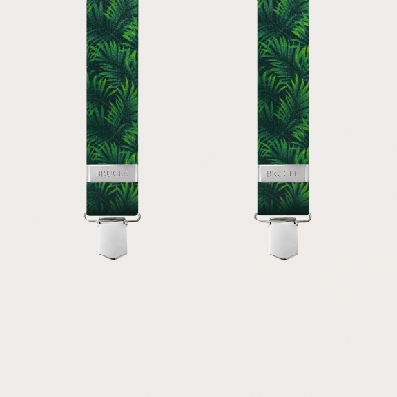 BRUCLE Elastic satin-effect X-shape suspenders, green with palm leaves