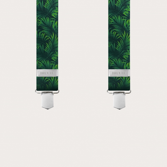 BRUCLE Elastic satin-effect X-shape suspenders, green with palm leaves