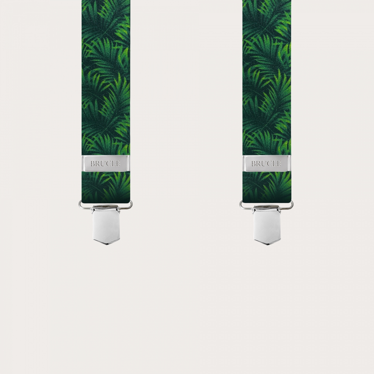BRUCLE Elastic satin-effect X-shape suspenders, green with palm leaves
