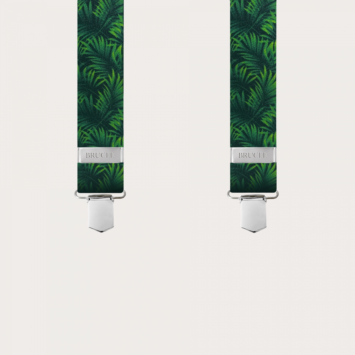 BRUCLE Elastische Hosenträger in X-Form in Satin-Optik, grün mit Palmblättern