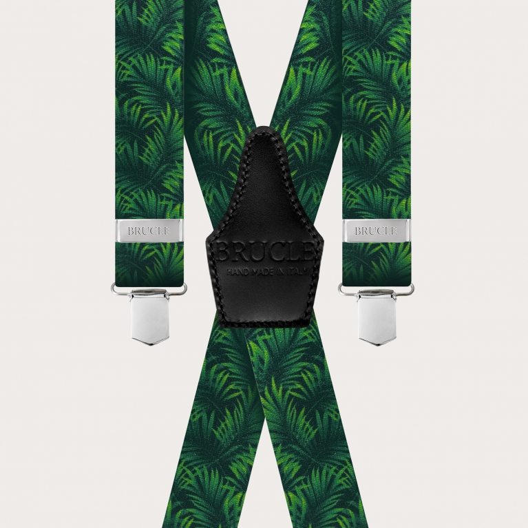 Elastic satin-effect X-shape suspenders, green with palm leaves
