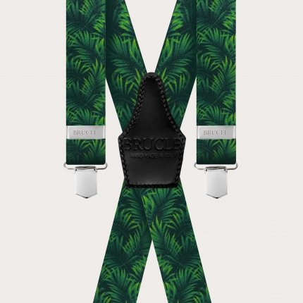Elastische Hosenträger in X-Form in Satin-Optik, grün mit Palmblättern