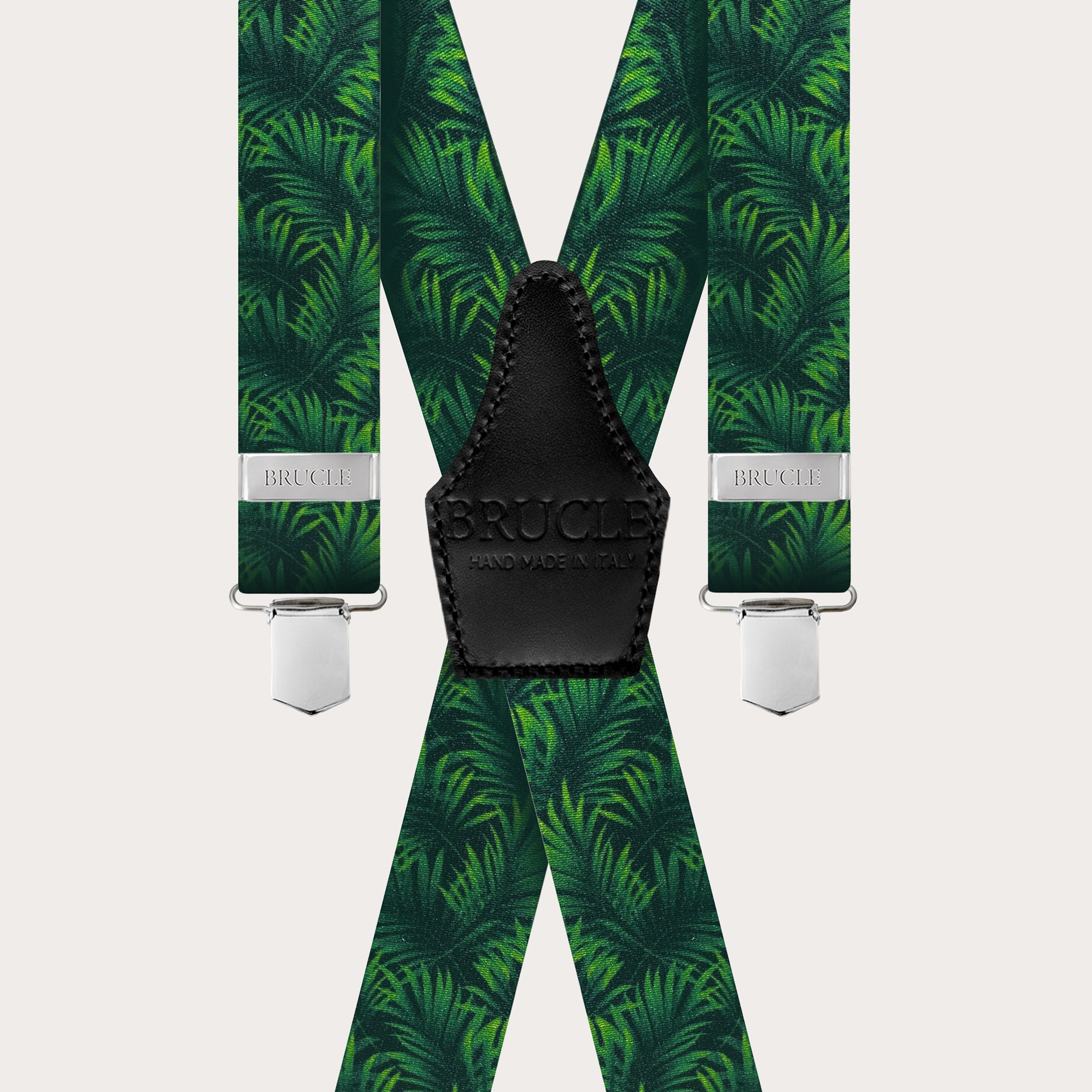 BRUCLE Bretelle elastiche a X effetto raso, verde con foglie di palma