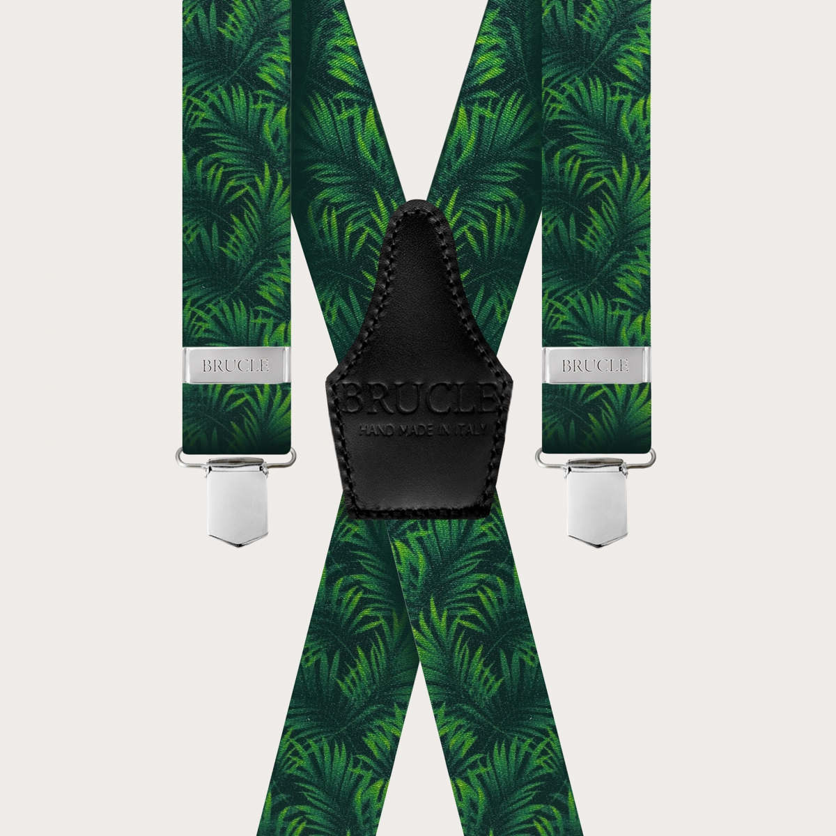 BRUCLE Elastic satin-effect X-shape suspenders, green with palm leaves