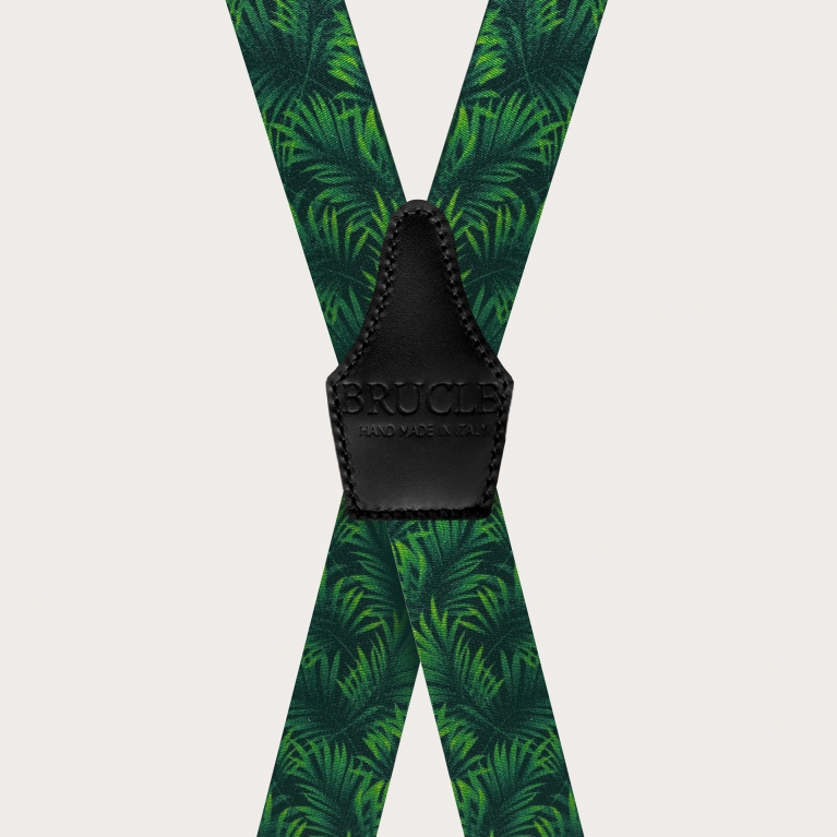 Elastic satin-effect X-shape suspenders, green with palm leaves