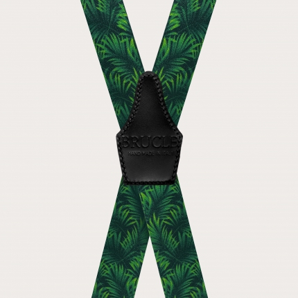 Bretelle elastiche a X effetto raso, verde con foglie di palma