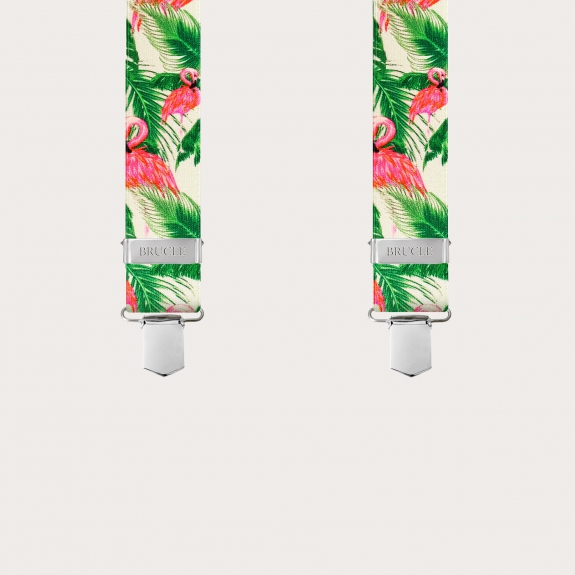 BRUCLE Satin-effect X-shaped elastic suspenders, flamingo pattern