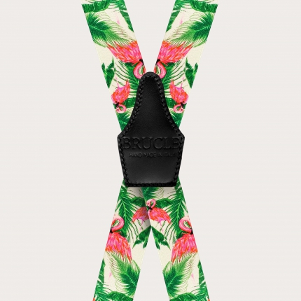 Satin-effect X-shaped elastic suspenders, flamingo pattern