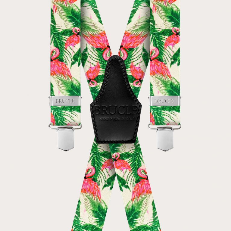 Satin-effect X-shaped elastic suspenders, flamingo pattern