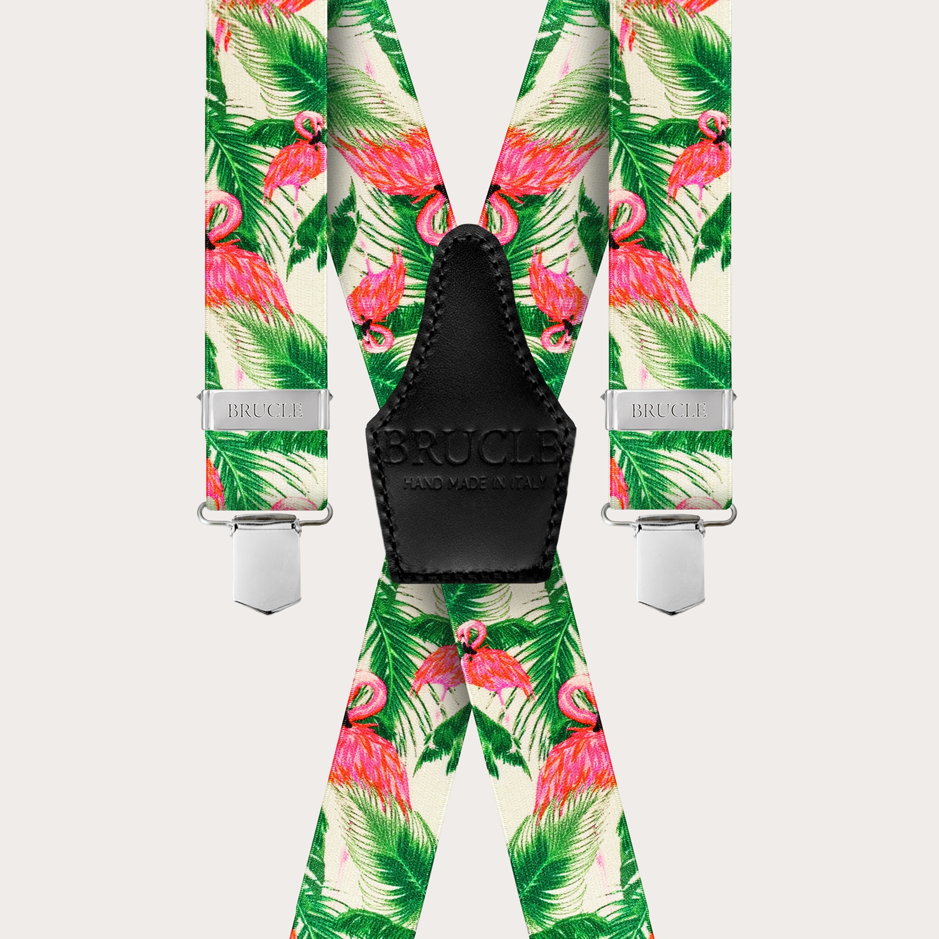 BRUCLE Satin-effect X-shaped elastic suspenders, flamingo pattern