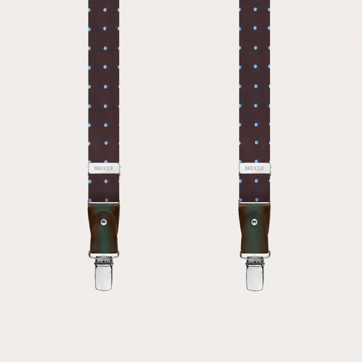 BRUCLE Refined thin suspenders in brown jacquard silk with light blue dotted pattern