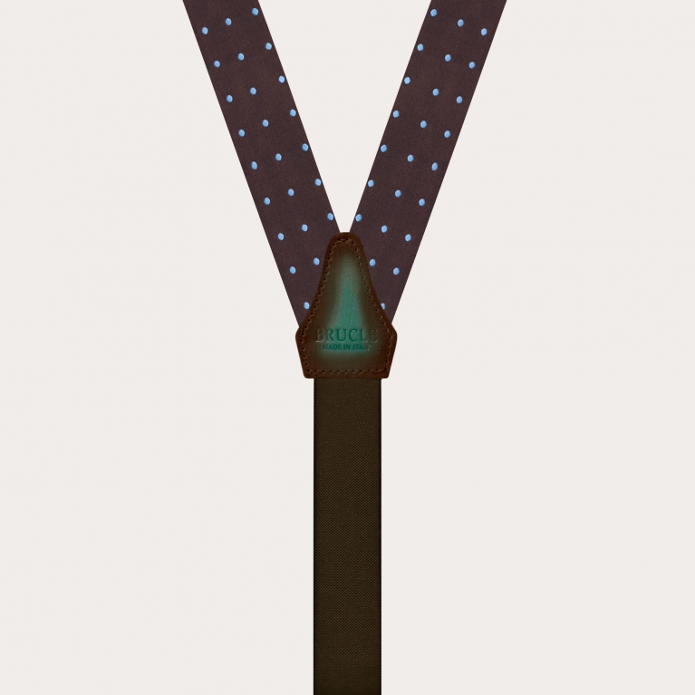Raffinate bretelle sottili in seta jacquard marrone con puntaspillo azzurro