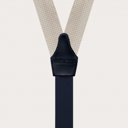 Men's suspenders in silk with buttonholes, ivory with blue micro-pattern