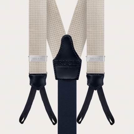 Men's suspenders in silk with buttonholes, ivory with blue micro-pattern