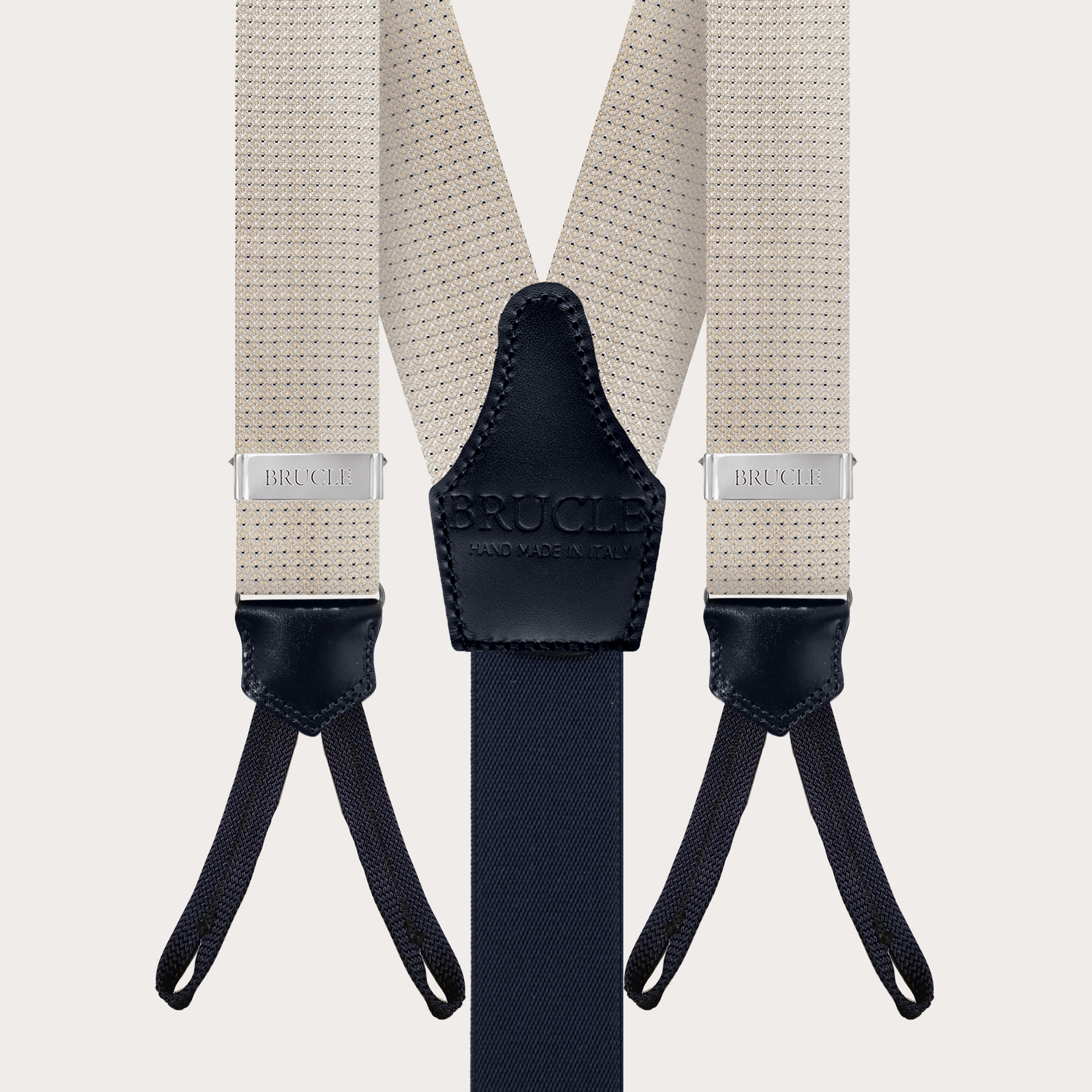BRUCLE Men's suspenders in silk with buttonholes, ivory with blue micro-pattern