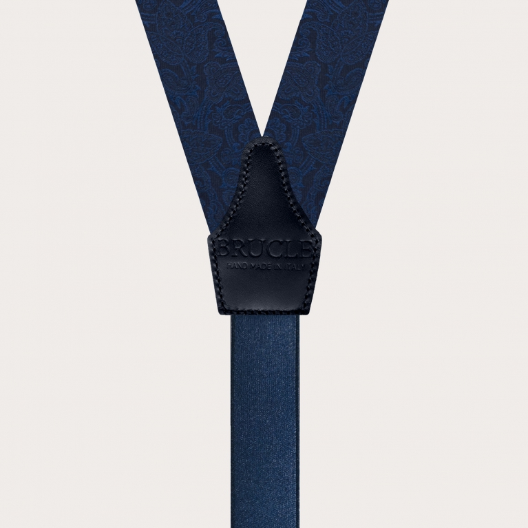 Hosenträger aus Seide mit Knopflöchern, Ton-in-Ton blaues Paisley-Muster