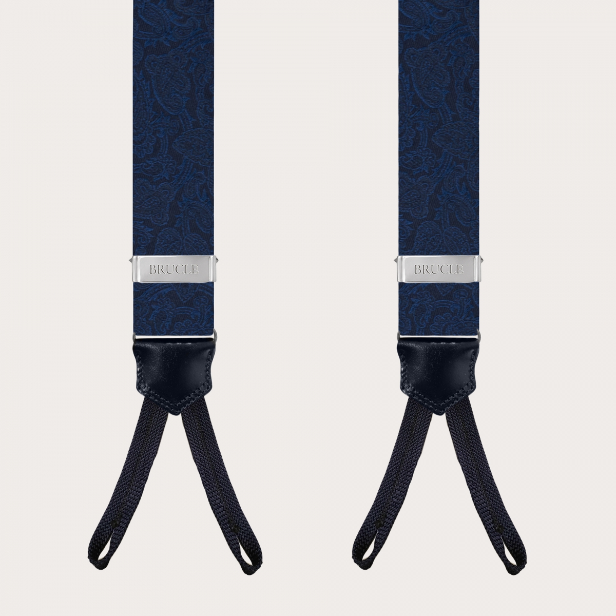 BRUCLE Hosenträger aus Seide mit Knopflöchern, Ton-in-Ton blaues Paisley-Muster