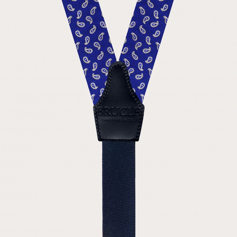 Elegant silk suspenders with buttonholes, royal blue paisley pattern