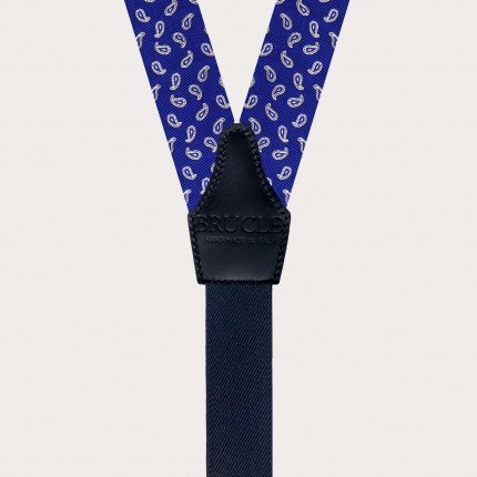 Elegant silk suspenders with buttonholes, royal blue paisley pattern